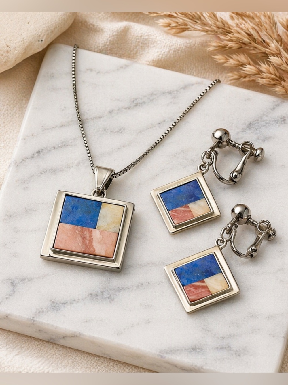 Sterling Lapis Lazuli & Rhodochrosite Inlay Pendant Necklace & Earring Set